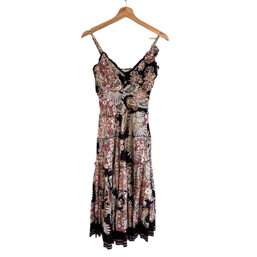 Lulumari Womens Floral Boho Tiered Ruffle Midi Dress Size M Cottage Fairy